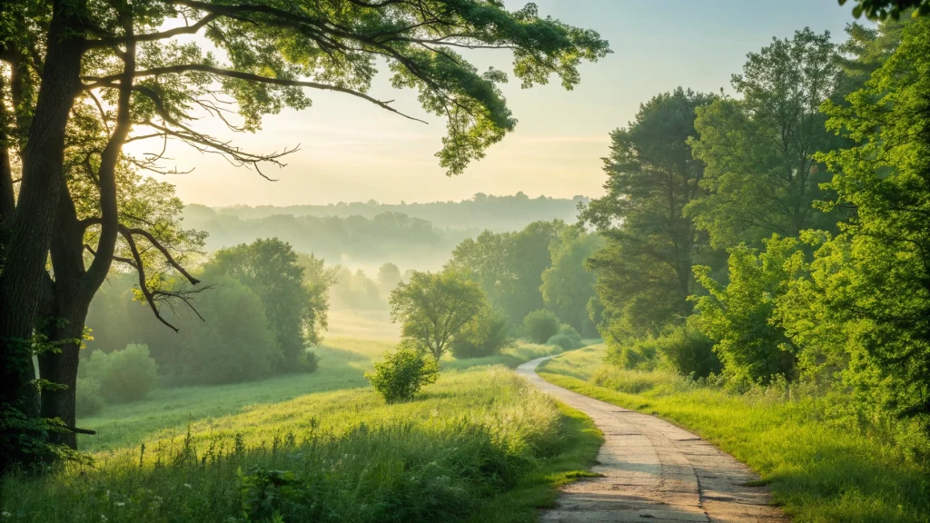 A serene landscape representing resilience and well-being, with a path leading through a lush forest towards a bright horizon.